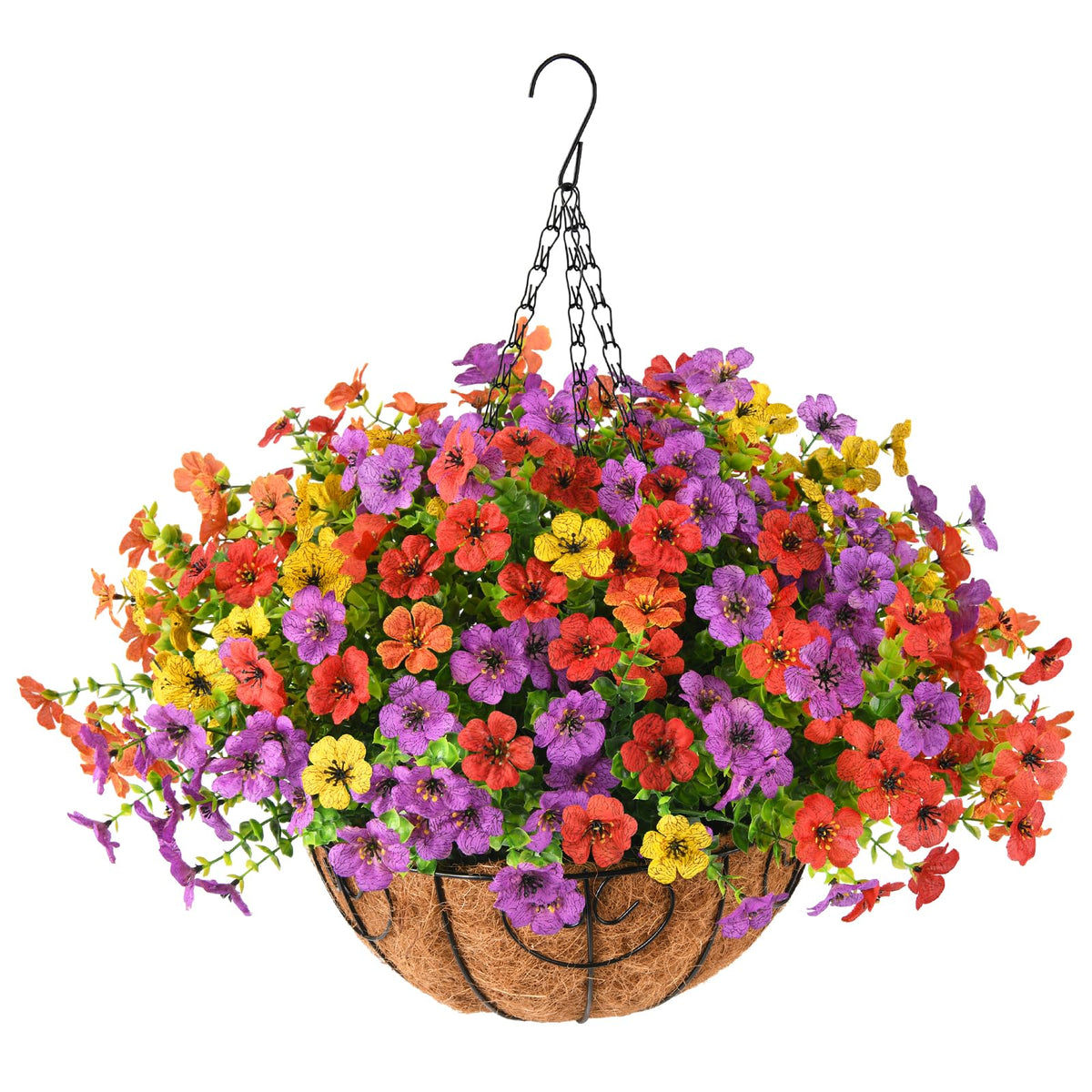 Artificial Fall Hanging Flowers Basket, UV Resistant Mums for Outdoors