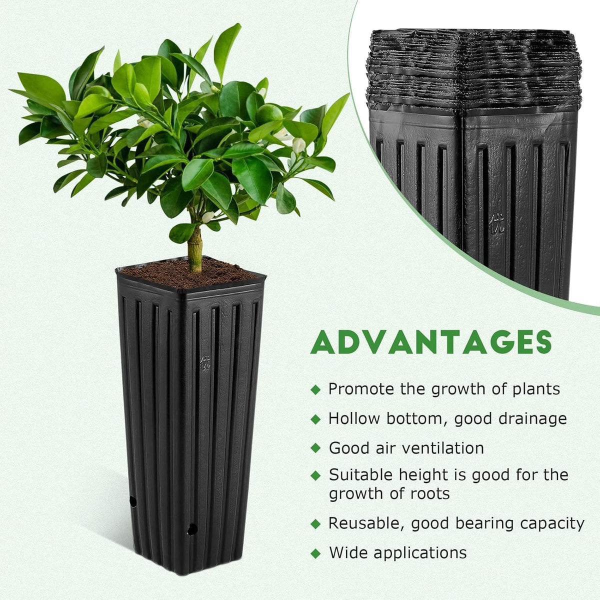 DOITOOL 50Pcs Plastic Deep Plant Nursery Pots, 11.2" Tall Tree Pot Black Seedling Treepots Flower Plant Container with Drainage Holes for Indoor Outdoor Gardening (11.2" H X 3" W)