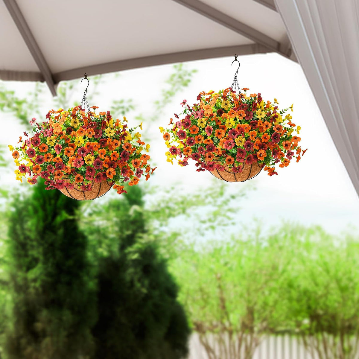 Artificial Fall Hanging Flowers Basket, UV Resistant Mums for Outdoors