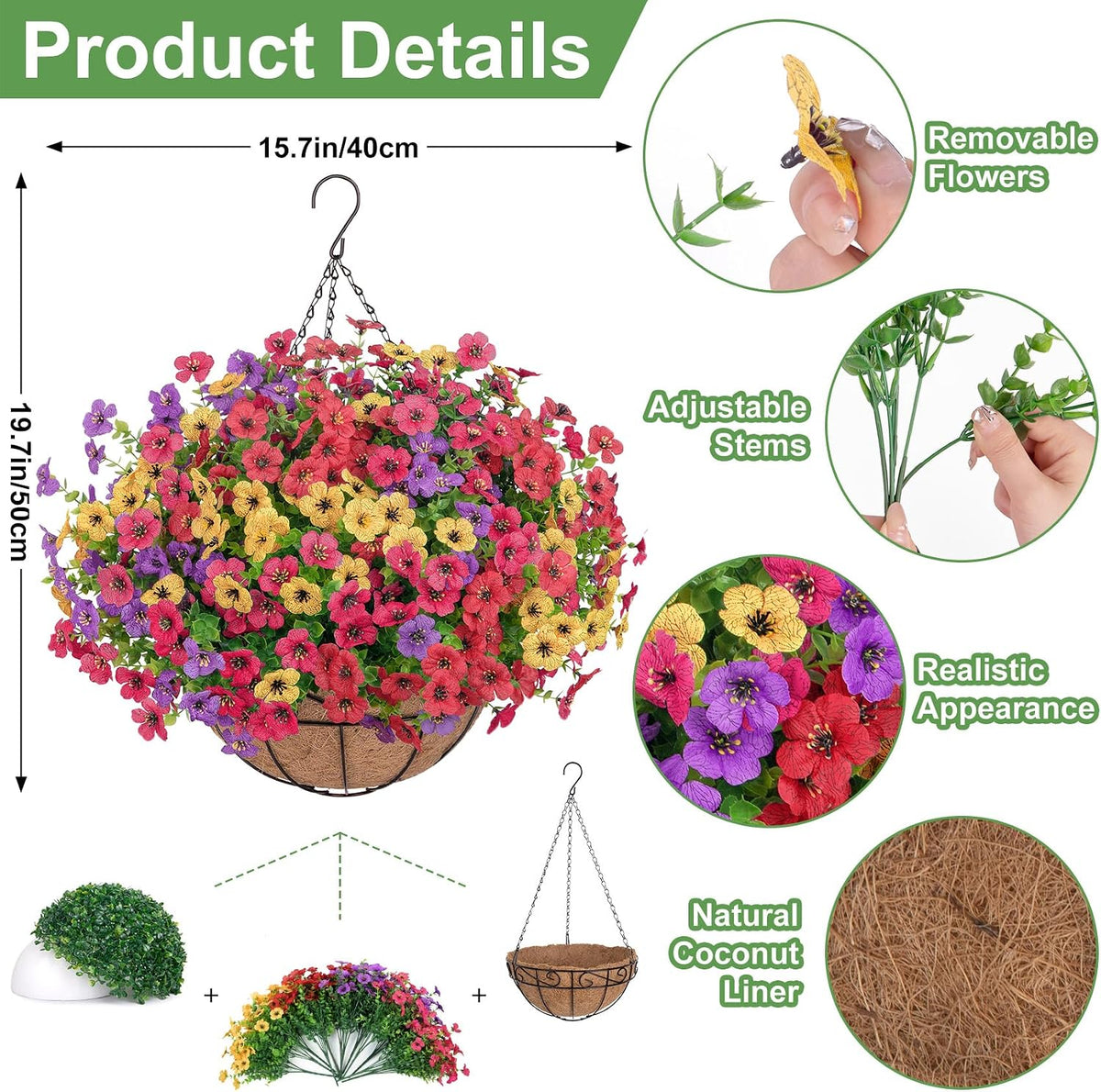 Bassion Artificial Hanging Silk Flowers for Outdoors with Basket, Mixed