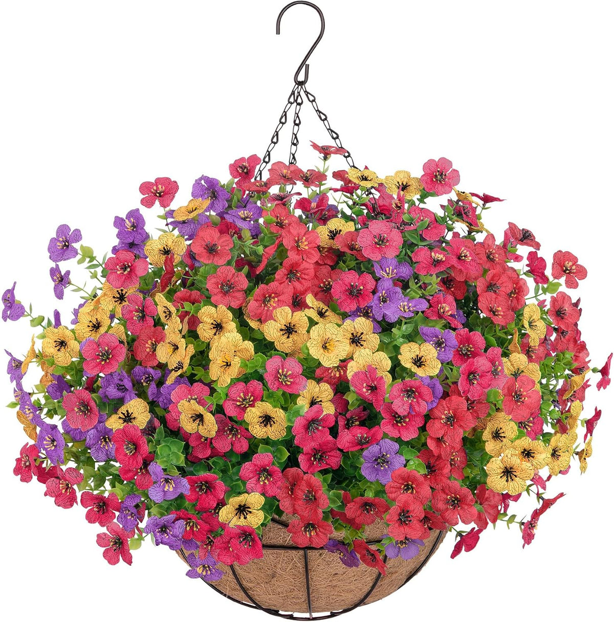 Bassion Artificial Hanging Silk Flowers for Outdoors with Basket, Mixed