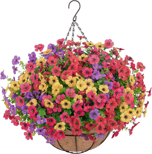 Bassion Artificial Hanging Silk Flowers for Outdoors with Basket, Mixed