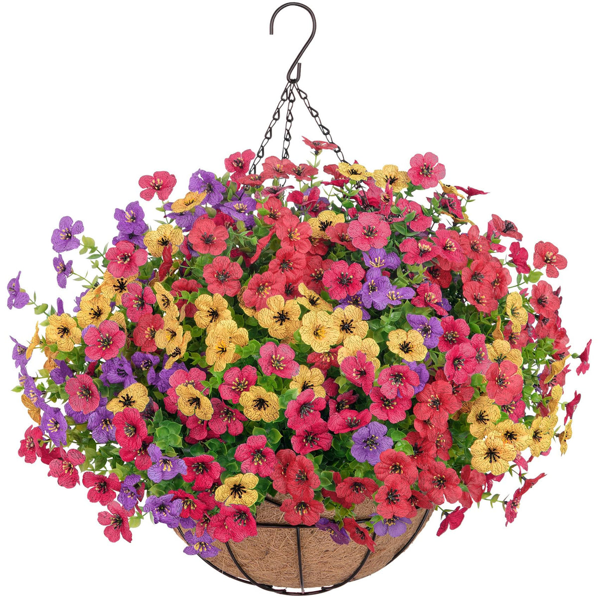 Bassion Artificial Hanging Silk Flowers for Outdoors with Basket, Mixed
