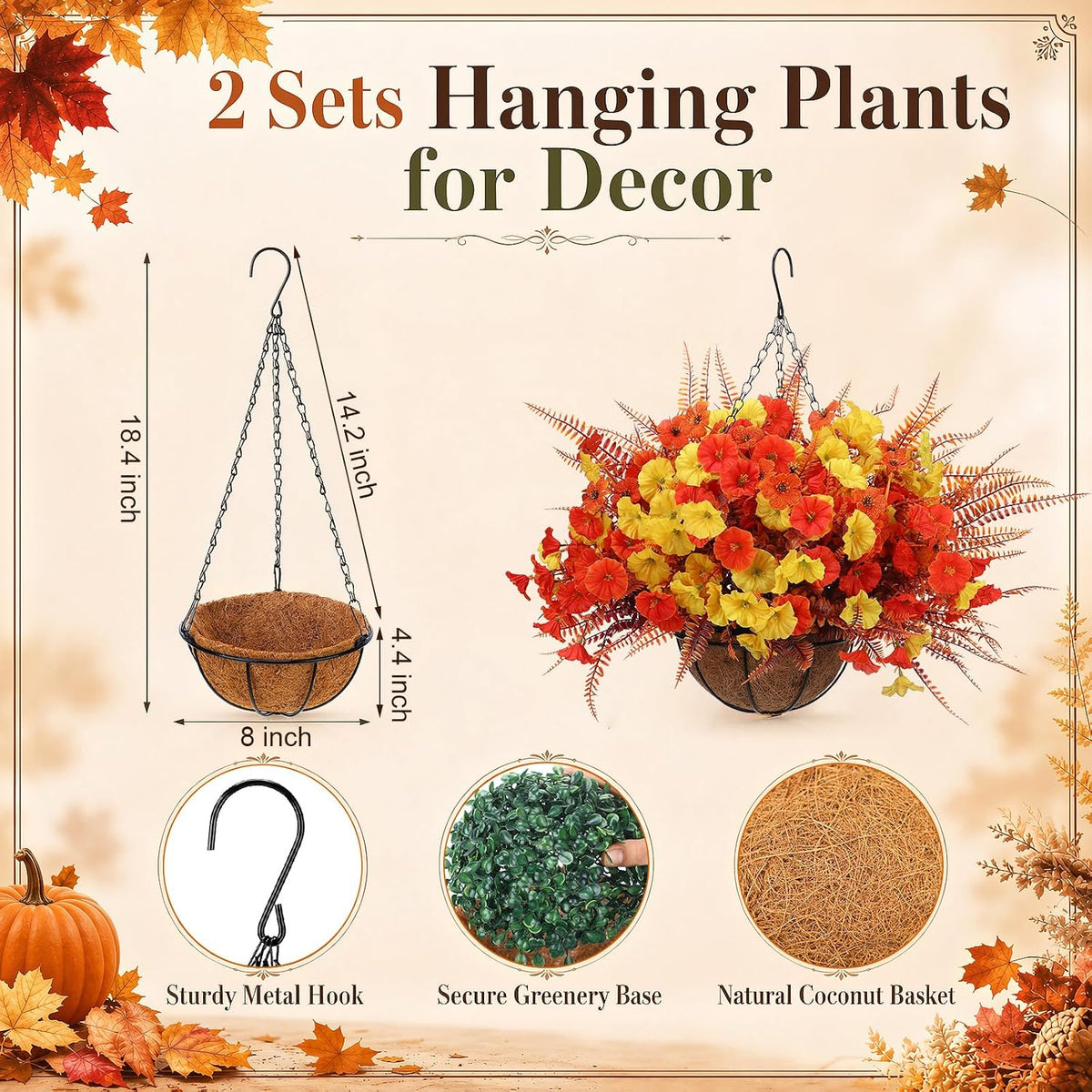 Thiccywoov 2 Pack Fall Flower Hanging Baskets, Morning Glory, Autumn Color