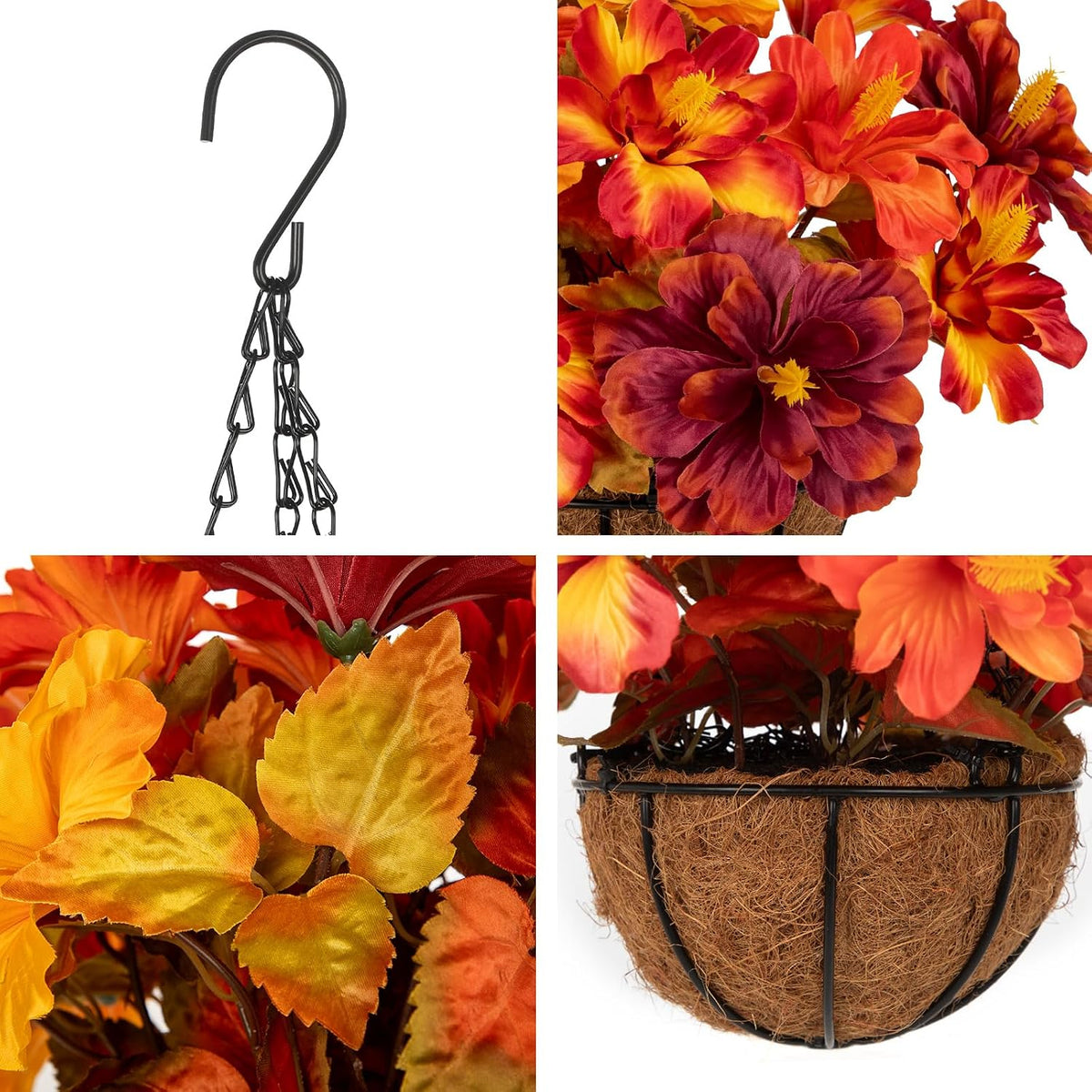 Briful 16.9" Artificial Hanging Basket with Flowers, Fake Autumn Hibiscus Silk Floral Arrangement with Hook, Faux Potted Decor for Front Porch Patio Garden Fall Thanksgiving