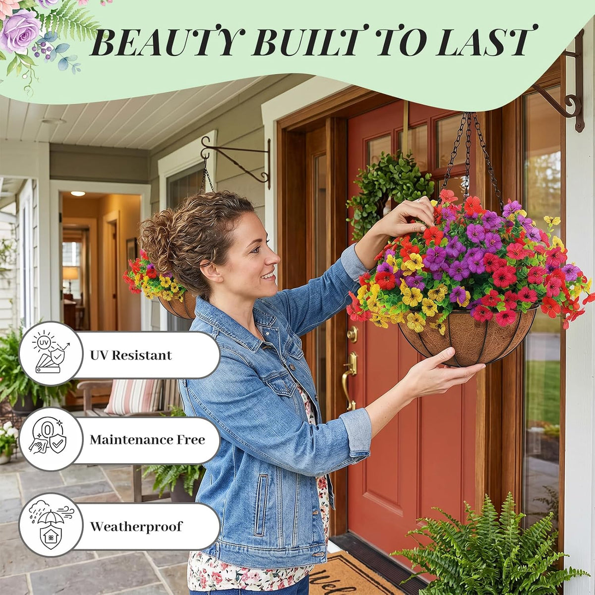 4 Set Artificial Faux Hanging Plants Flowers Basket for Summer, UV Resistant Artificial Flowers, Artificial Outdoor Flowers Hanging Basket, Front Porch Garden Patio Home Decor