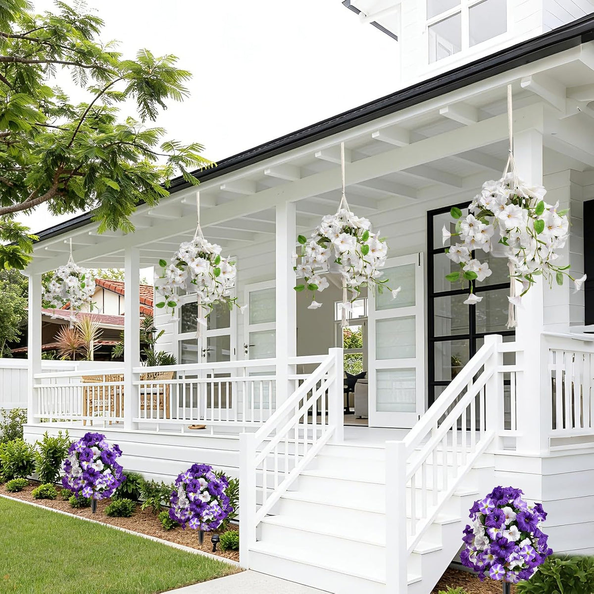 2 Sets Artificial Hanging Fake Flowers with Basket for Outdoors
