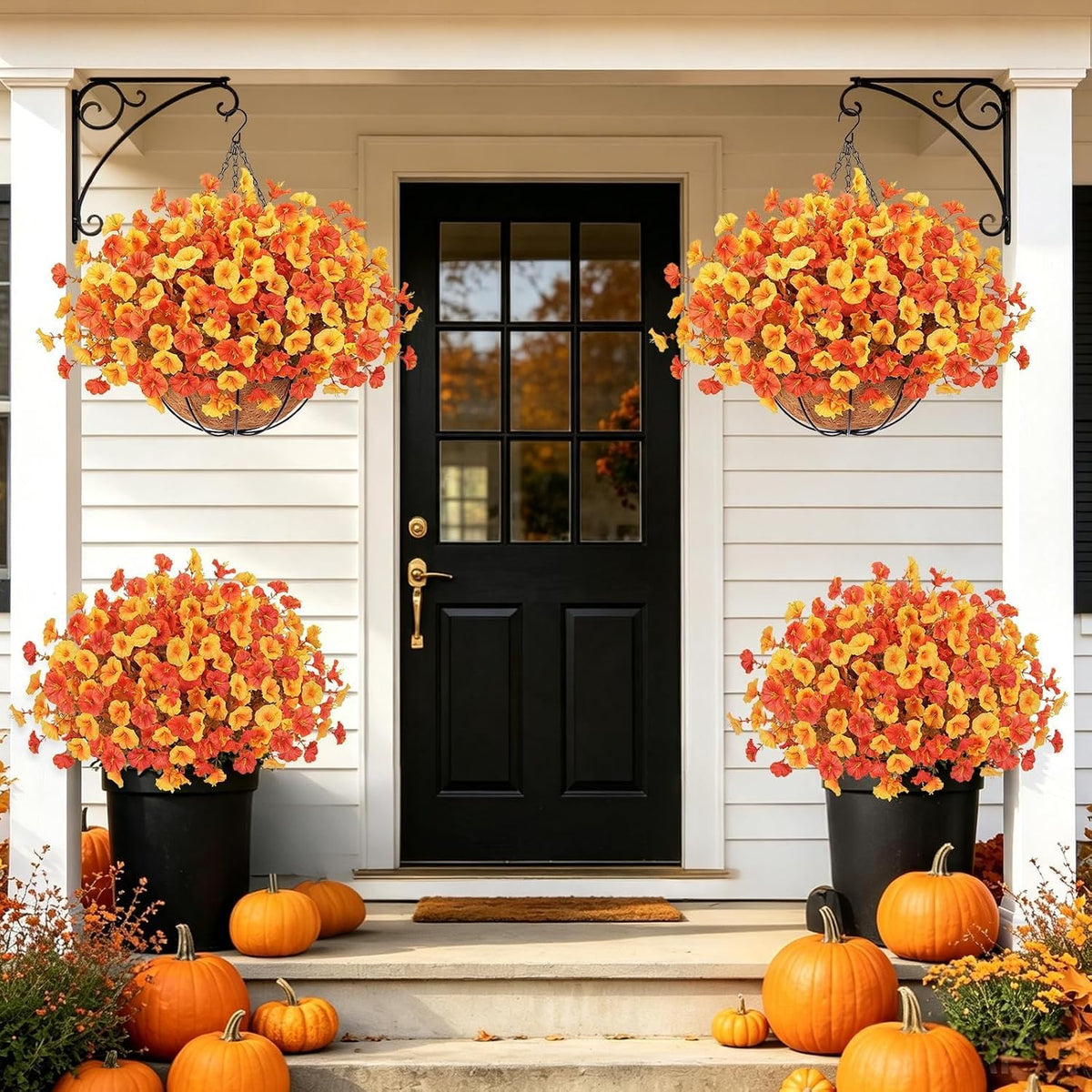 2Set Fall Hanging Mums Flowers with Baskets 28Pcs Faux Fall Mum for Outdoor