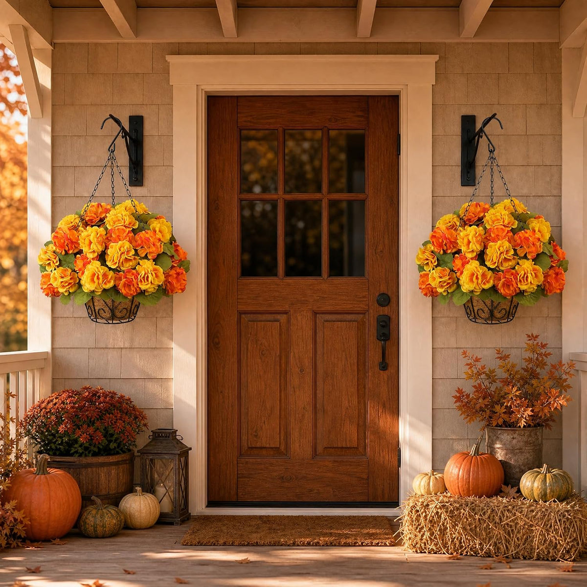 2 Set Artificial Outdoor Fall Flowers with Hanging Baskets