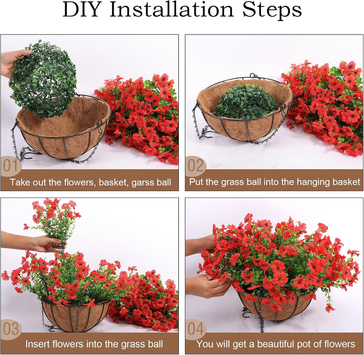 Hananona 24 Pcs Artficial Outdoor Flowers with Hanging Baskets, 2 Pack Hanging Planter with Red Outdoor Spring Flowers for Christmas Porch Home Patio Yard Decor (2, Red)