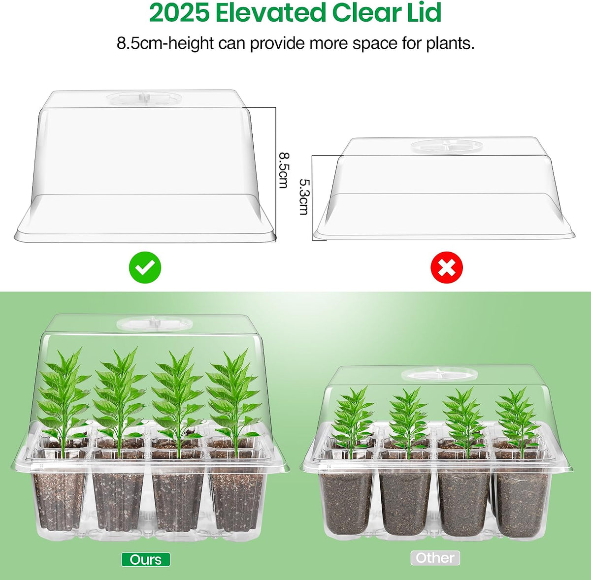 Bonviee 10-Pack Seed Starter Trays, Tall Dome, Base, 12-Cell Tray, Clear