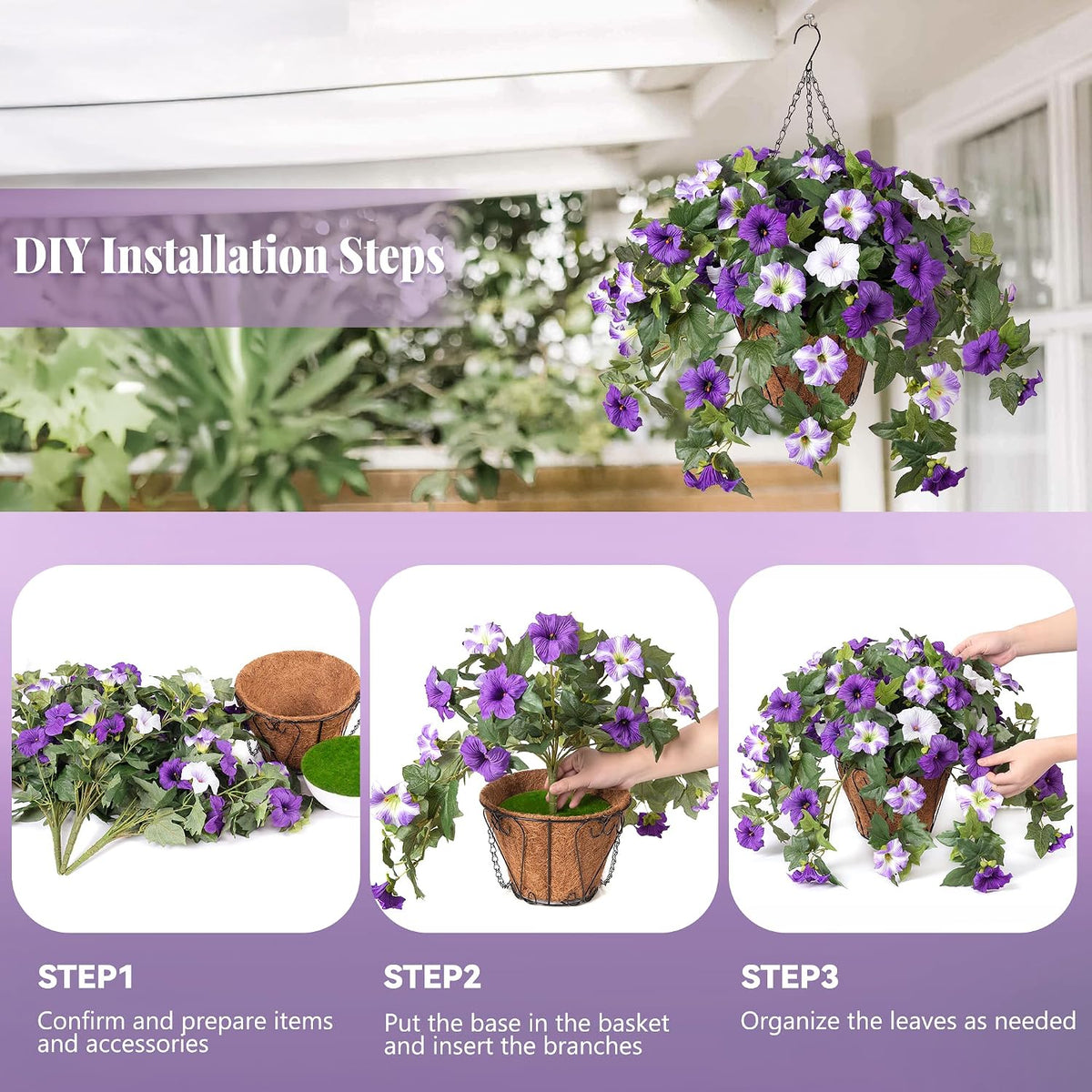 Ammyoo Artificial Hanging Fake Flowers with Basket Plants for Outdoor Decor