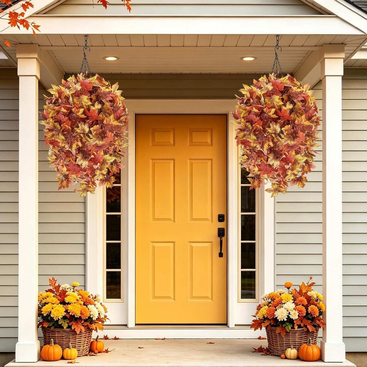 HUAESIN 2 Set Fall Hanging Baskets Outdoor with Maple Leaves