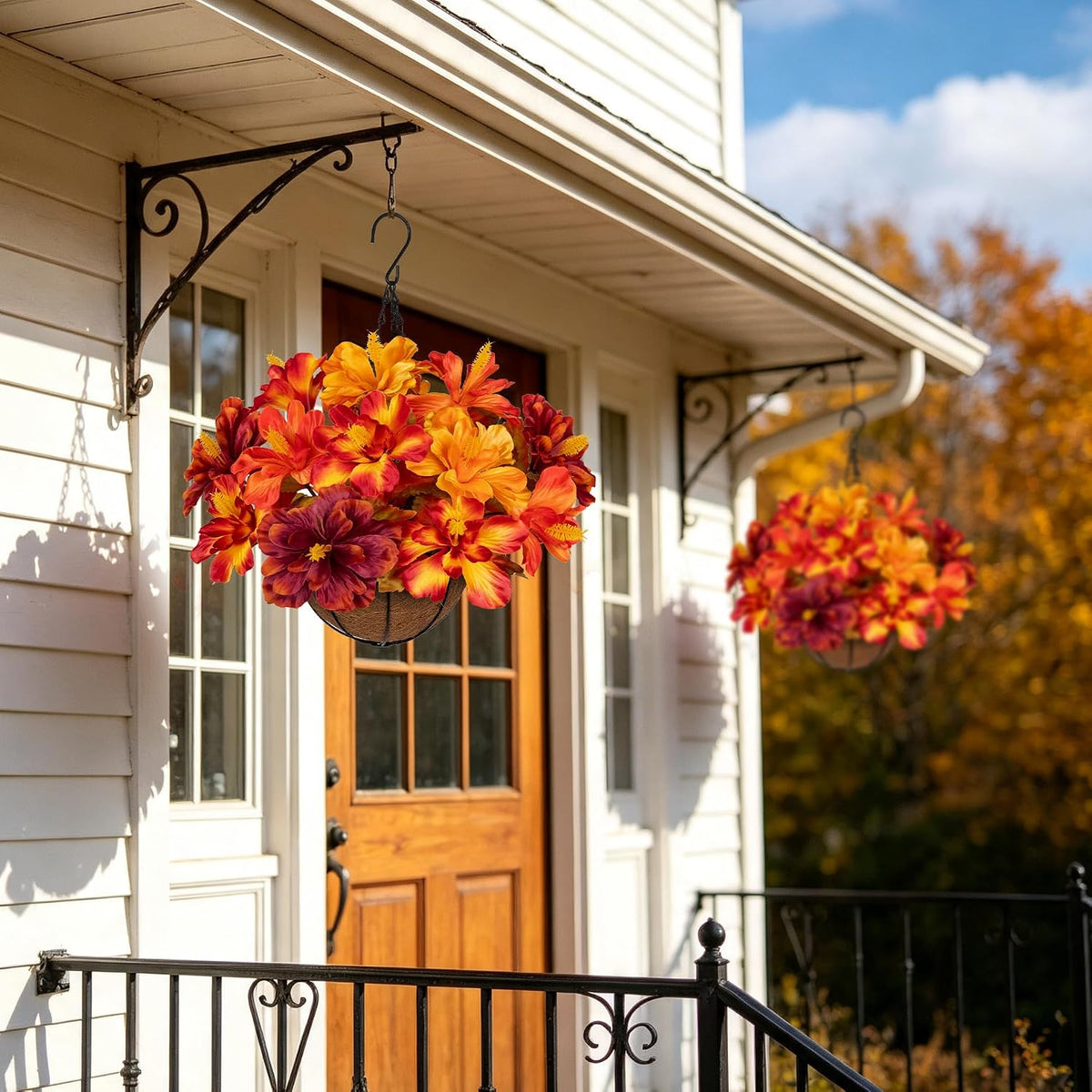 Briful 16.9" Artificial Hanging Basket with Flowers, Fake Autumn Hibiscus Silk Floral Arrangement with Hook, Faux Potted Decor for Front Porch Patio Garden Fall Thanksgiving