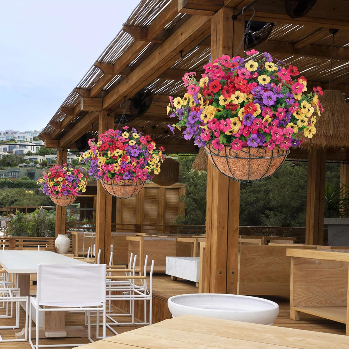 Bassion Artificial Hanging Silk Flowers for Outdoors with Basket, Mixed