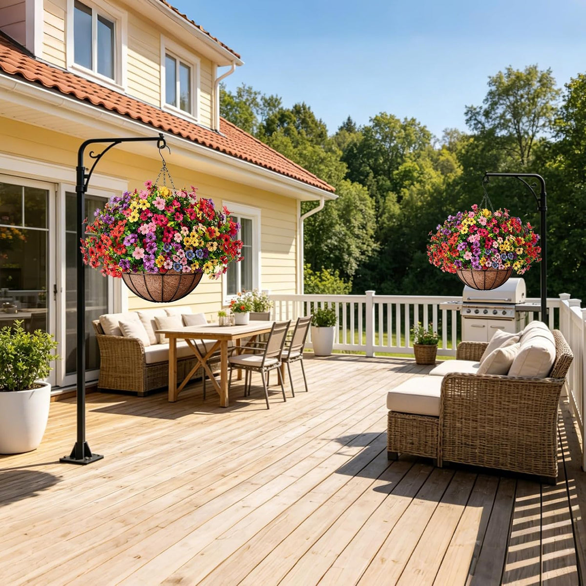 ZeeDix 18 Pcs Artificial Flowers with Hanging Baskets for Outdoors, 14 Inch Hanging Baskets with Fake Silk Flowers for Front Porch Patio Balcony Garden Home Spring Summer Decor