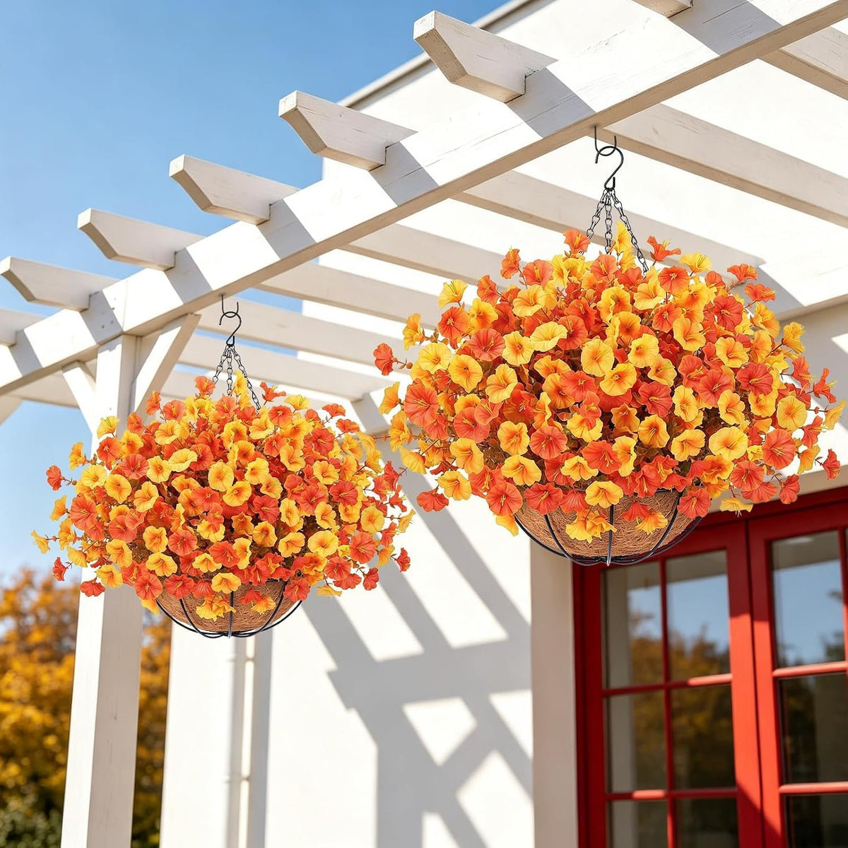 2Set Fall Hanging Mums Flowers with Baskets 28Pcs Faux Fall Mum for Outdoor