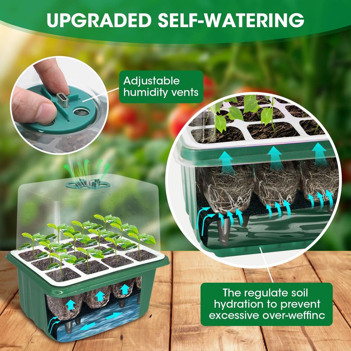 5PCS 60 Cell Self Watering Seed Starter Tray with Grow Light, Reusable Silicone Seed Starter Kit with Humidity Dome, 60 Cells Plant Germination Trays for Seeding Planting Growing（5-Pack 60-Cell）