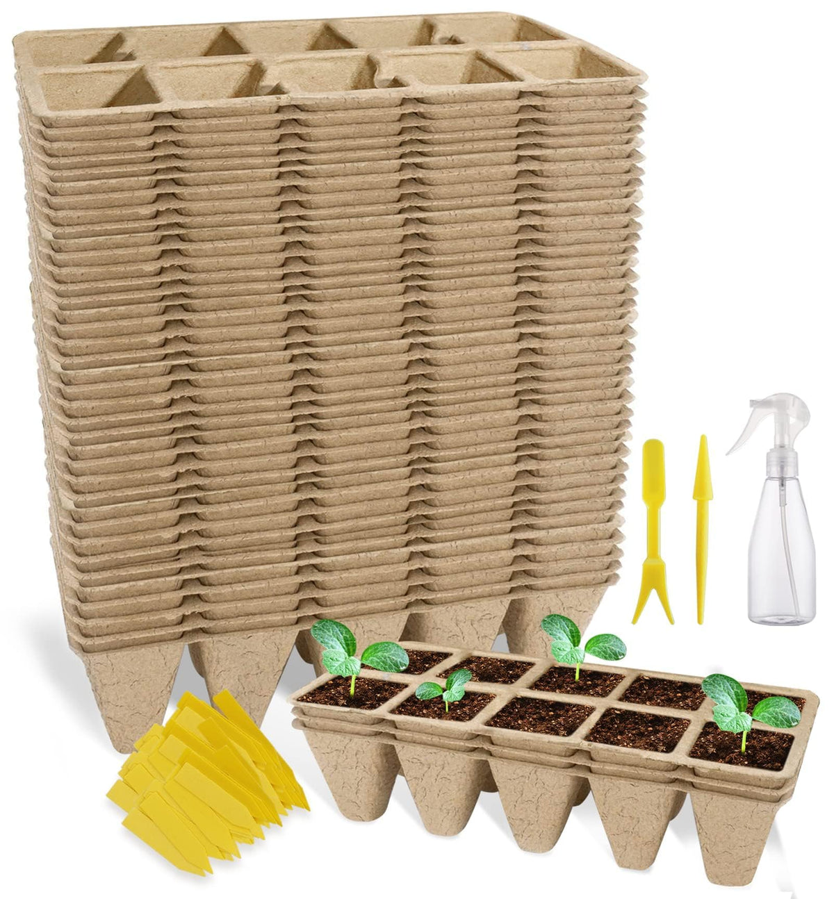 200 Cells Seed Starter Tray, 20 Pack Biodegradable Seed Starter Kit, Peat Pots for Seedlings with 200 Plant Labels, 2 Seed Planting Tool and 1 Spray Bottle