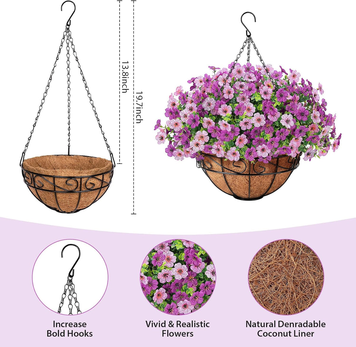 Artificial Fake Hanging Flowers Plants Basket Outdoors, Pink Purple