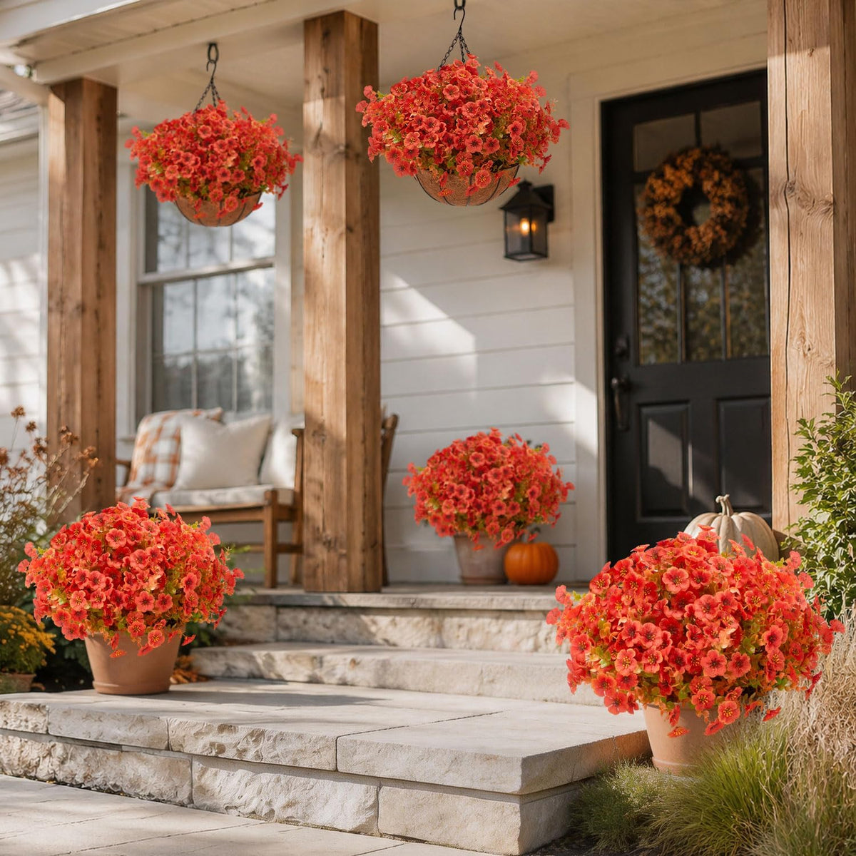 Artificial Outdoor Flowers with Hanging Baskets, 24pcs Fake Fall Mums Flower with 2 Pack Hanging Planters, Realistic UV Resistant Hanging Plants for Autumn Front Porch Garden Home Patio Yard Decor