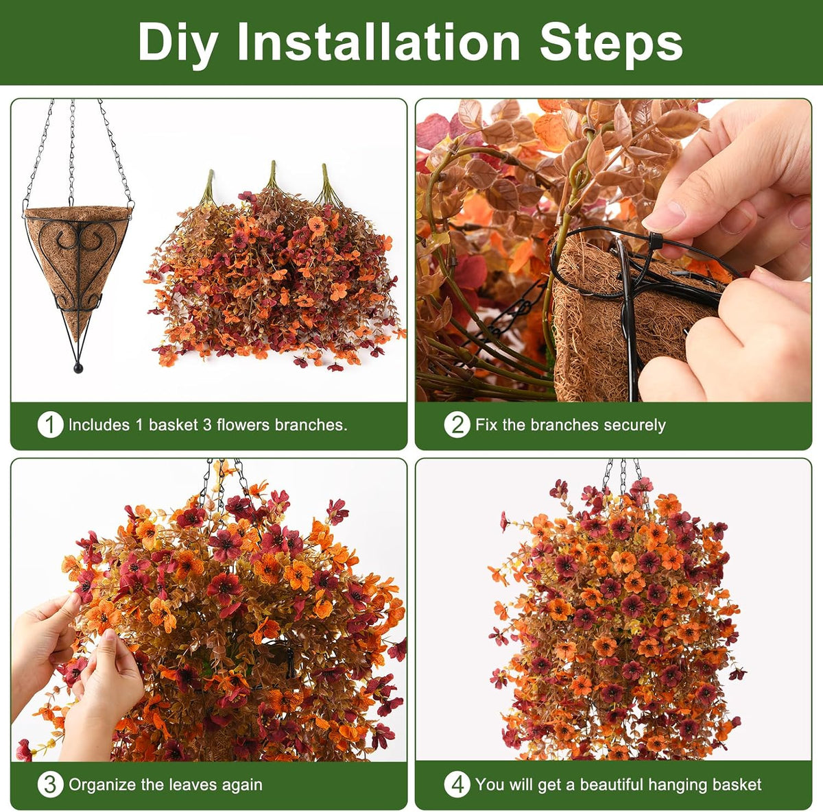 Fake Mums Fall Artificial Hanging Flowers Baskets for Outdoor Decoration
