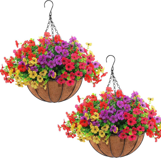 Hananona 2 Set Artificial Outdoor Flowers with Hanging Basket, 2 Hanging Planters with 24 Pcs Flowers for Spring Summer Front Porch Garden Patio Home Decor (2, Red, Purple, Yellow, Rose Red)