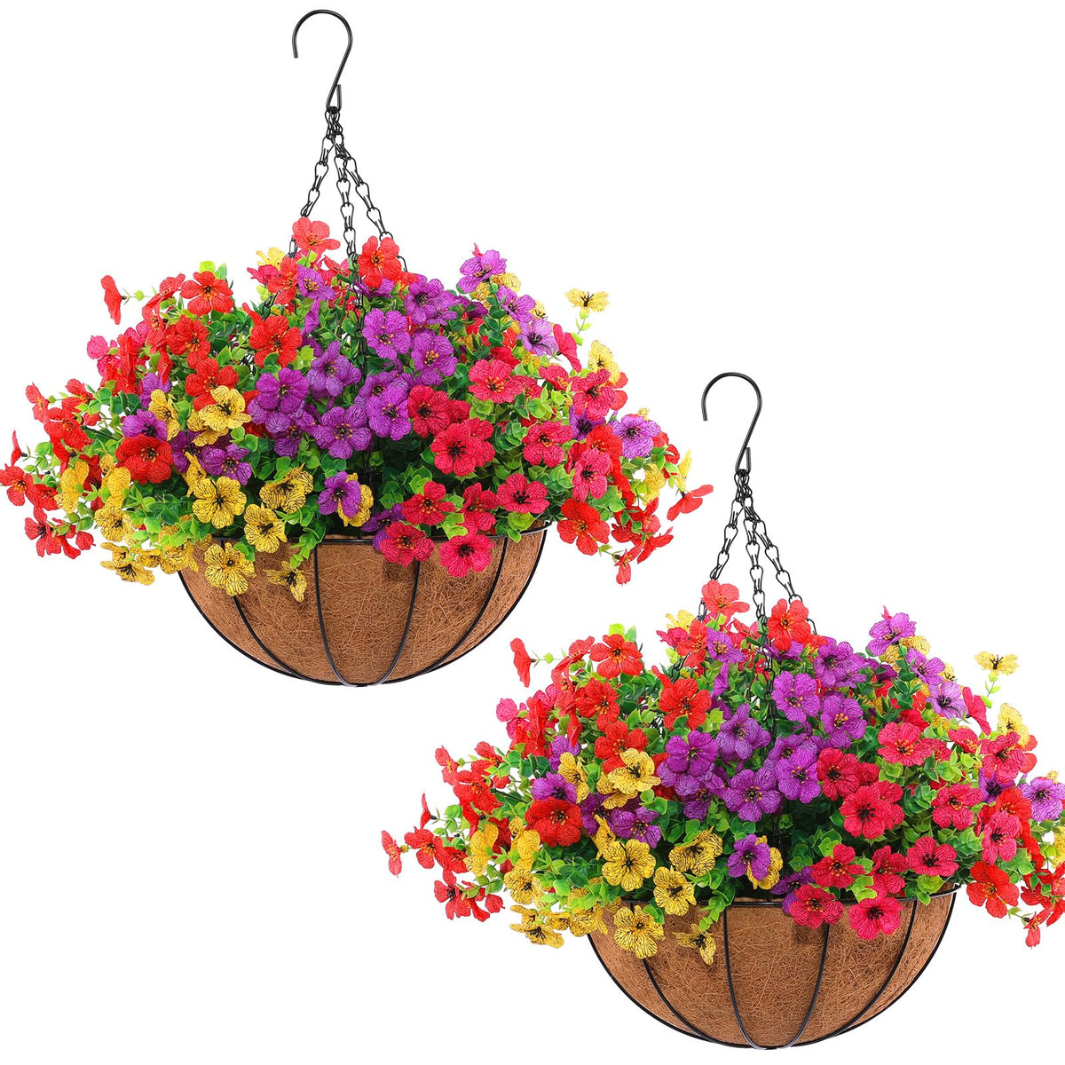 Hananona 2 Set Artificial Outdoor Fall Flowers with Hanging Basket, 2 Packs Hanging Planters with 24 Pcs Faux Fall Mums for Autumn Front Porch Garden Patio Home Decor (2, Orange,Yellow,Burgundy)