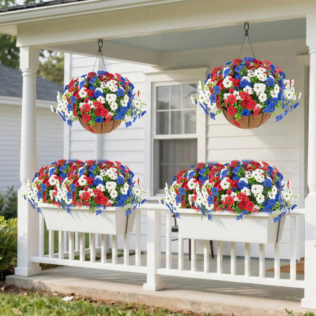Hananona 2 Set Artificial Outdoor Flowers with Hanging Basket, 2 Hanging Planters with 24 Pcs Patriotic Flowers for Summer Front Porch Patio 4th of July Decor (Red, White, Blue)