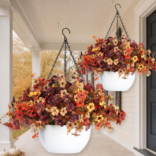 2 Sets of Artificial Hanging Flowers for Outdoors, Fall Mum Hanging Baskets