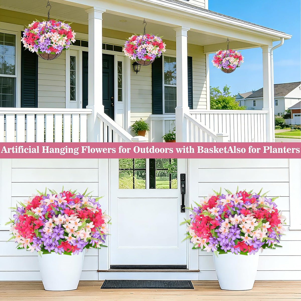Artificial Faux Hanging Plants Flowers Basket for Outdoors Spring Summer Decoration, Hanging Planters with Fake Silk Hyacinth Flower UV Resistant for Outside Porch Patio Balcony Garden Purple Fuchsia