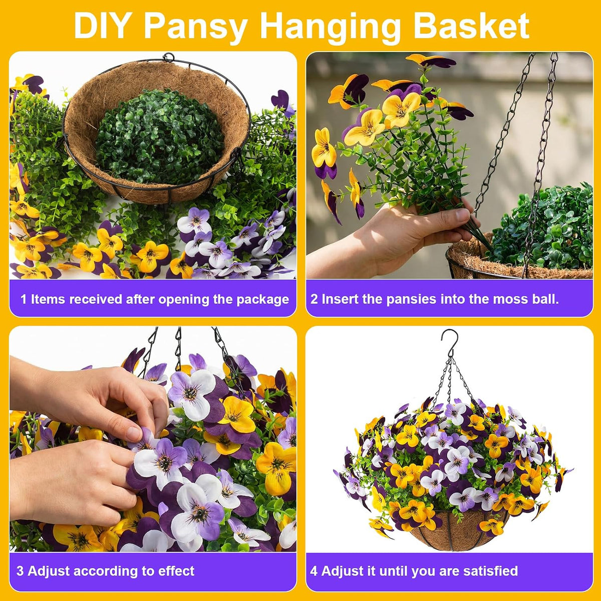 lovemoon 2 Set Artificial Outdoor Pansy Flowers with Hanging Baskets