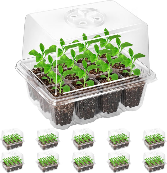Bonviee 10-Pack Seed Starter Trays, Tall Dome, Base, 12-Cell Tray, Clear