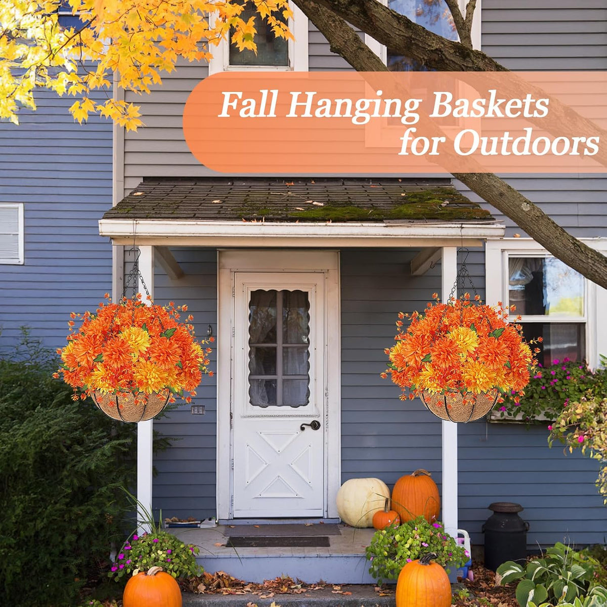 1PCS Fall Hanging Basket Artificial Mums for Outdoors Porch Decor