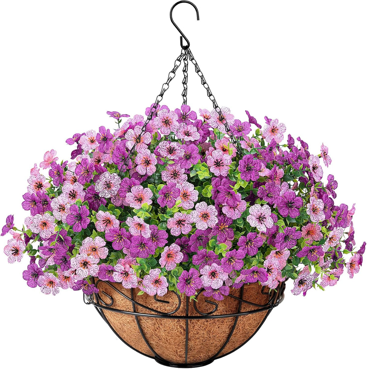 Artificial Fake Hanging Flowers Plants Basket Outdoors, Pink Purple