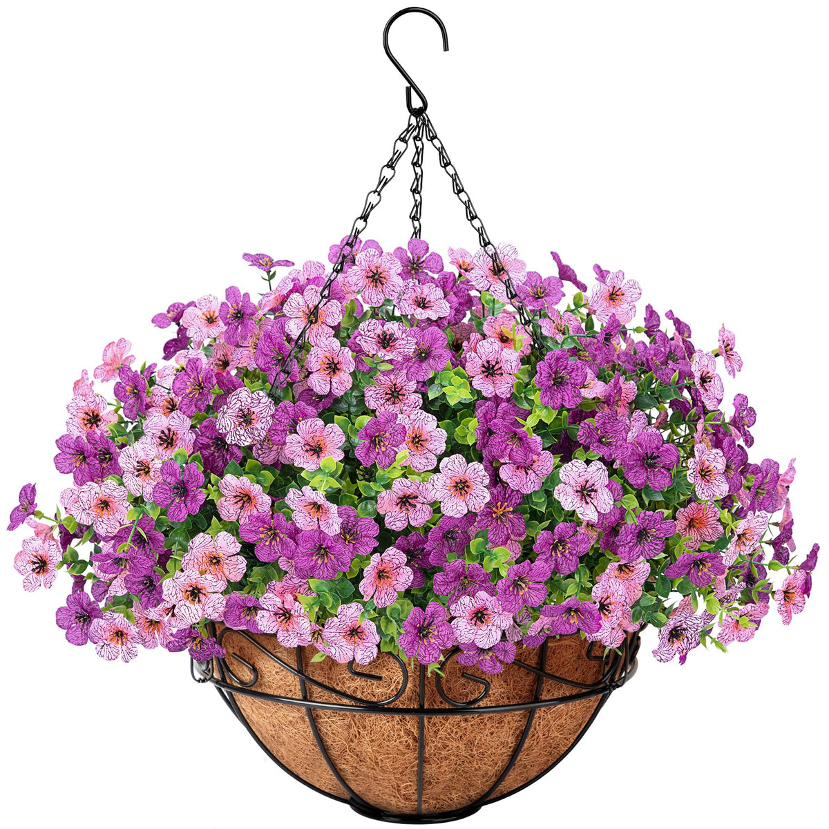Artificial Fake Hanging Flowers Plants Basket Outdoors, Pink Purple