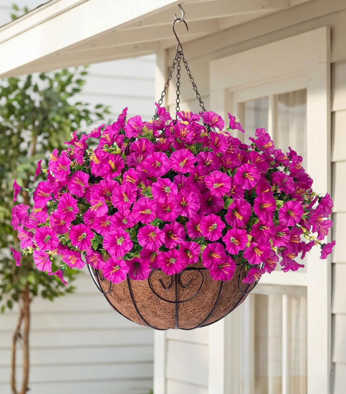 HyeFlora Artificial Fall Hanging Flowers with Basket Faux Plants for Outdoors, Fake Silk Morning Glory with Eucalyptus in Planter UV Resistant Outdoor Flowers for Outside Porch Patio Garden Home