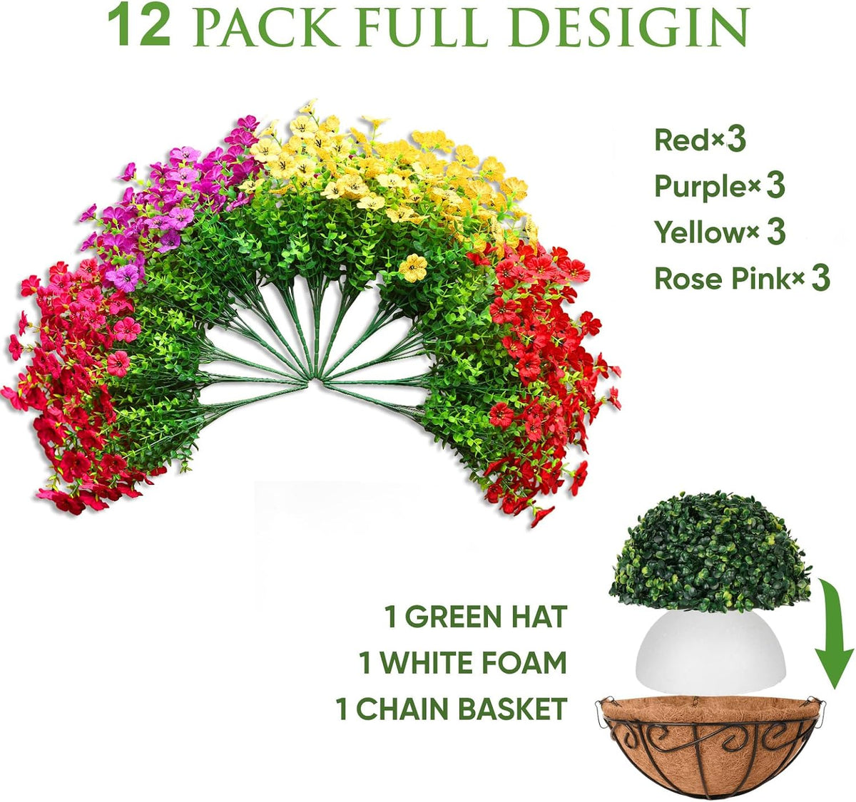 Artificial Hanging Flowers Basket Outdoors(Mix Red Purple Yellow Hot Pink)