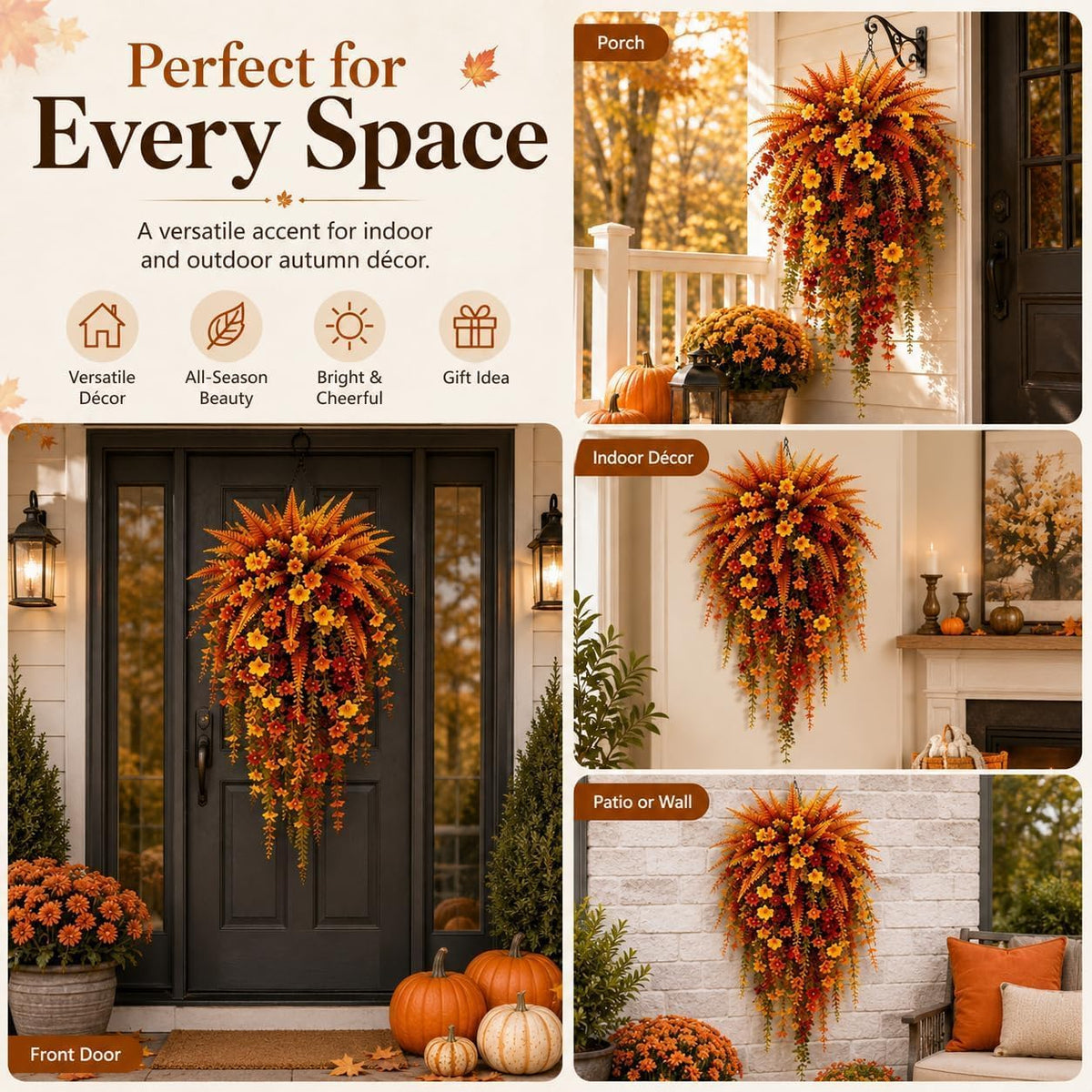 Artificial Fall Harvest Hanging Flowers Decor Outdoor，Orange*1