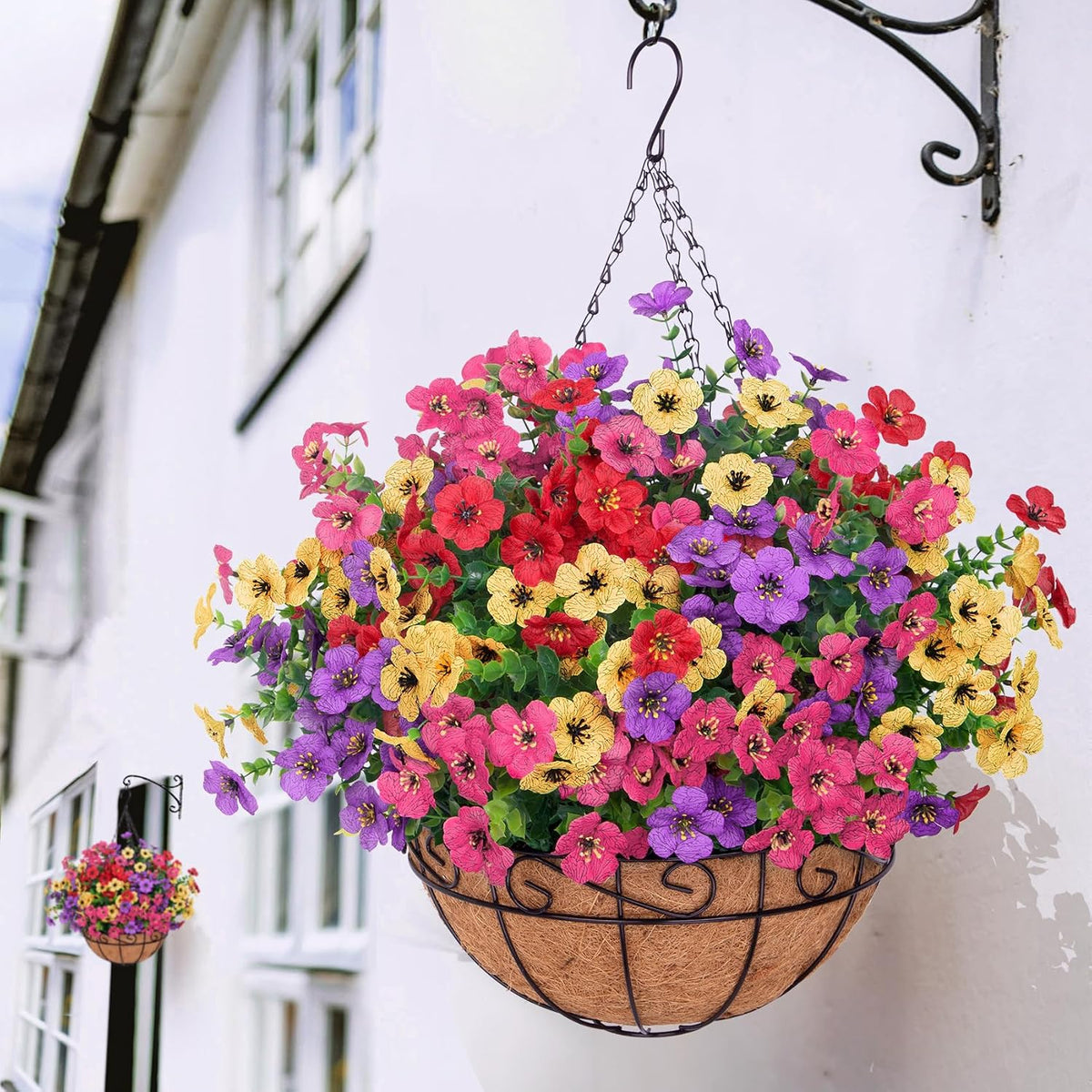 Bassion Artificial Hanging Silk Flowers for Outdoors with Basket, Mixed