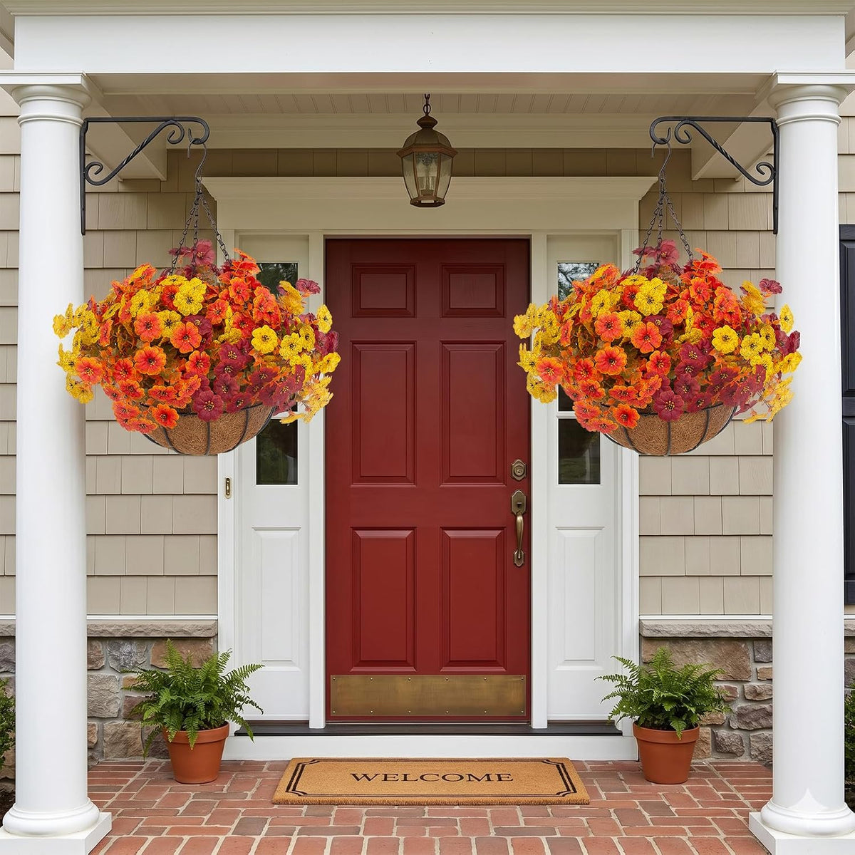 Hananona 2 Set Artificial Outdoor Fall Flowers with Hanging Basket, 2 Packs Hanging Planters with 24 Pcs Faux Fall Mums for Autumn Front Porch Garden Patio Home Decor (2, Orange,Yellow,Burgundy)