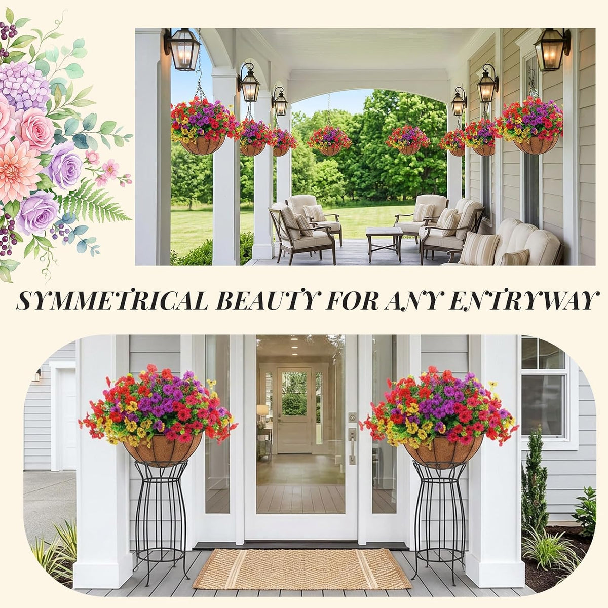 4 Set Artificial Faux Hanging Plants Flowers Basket for Summer, UV Resistant Artificial Flowers, Artificial Outdoor Flowers Hanging Basket, Front Porch Garden Patio Home Decor