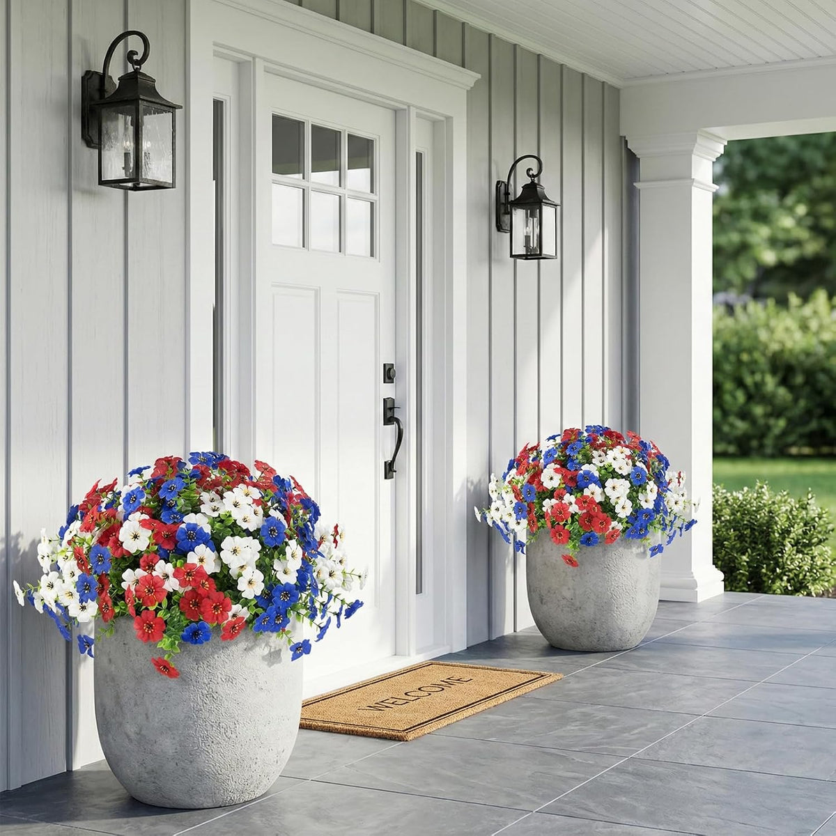 Hananona 2 Set Artificial Outdoor Flowers with Hanging Basket, 2 Hanging Planters with 24 Pcs Patriotic Flowers for Summer Front Porch Patio 4th of July Decor (Red, White, Blue)