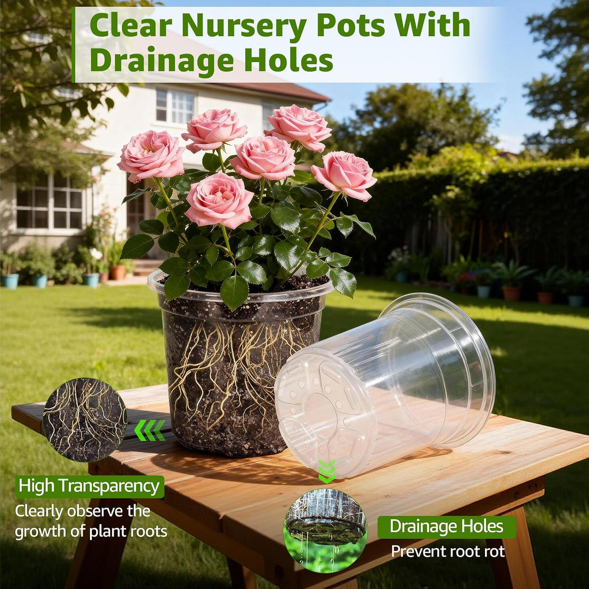 MIXC Clear Nursery Pots with Drainage Holes, 7/5/4/3.5 Inch 36 Pack