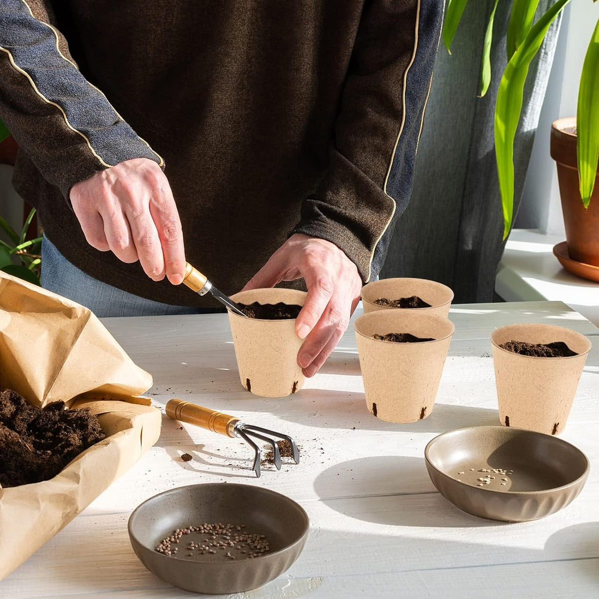 60-Pack 4” Biodegradable Peat Pots with 60 Plant Labels - Eco-Friendly Seedling Pots with Drainage Holes for Efficient Seed Starting and Garden Nursery Use