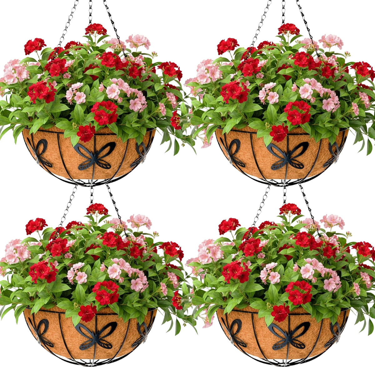 14 inch Metal Hanging Baskets For Plants Outdoor 4 Pack Round Metal Wire Hanging Basket Planter with Coco Fiber Liners Chain Round Wire Plant Holder for Garden, Patio, Deck, Porch Plants Flower Potss