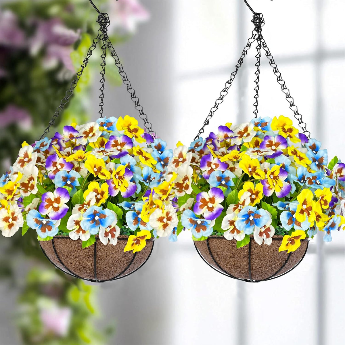 Artificial Hanging Flowers Plants Baskets Outdoor Outside Decoration, Pansies UV Resistant Waterproof Spring Fake Silk Flowers Faux Hanging Planters for Porch Patio Balcony Yard Home Decor
