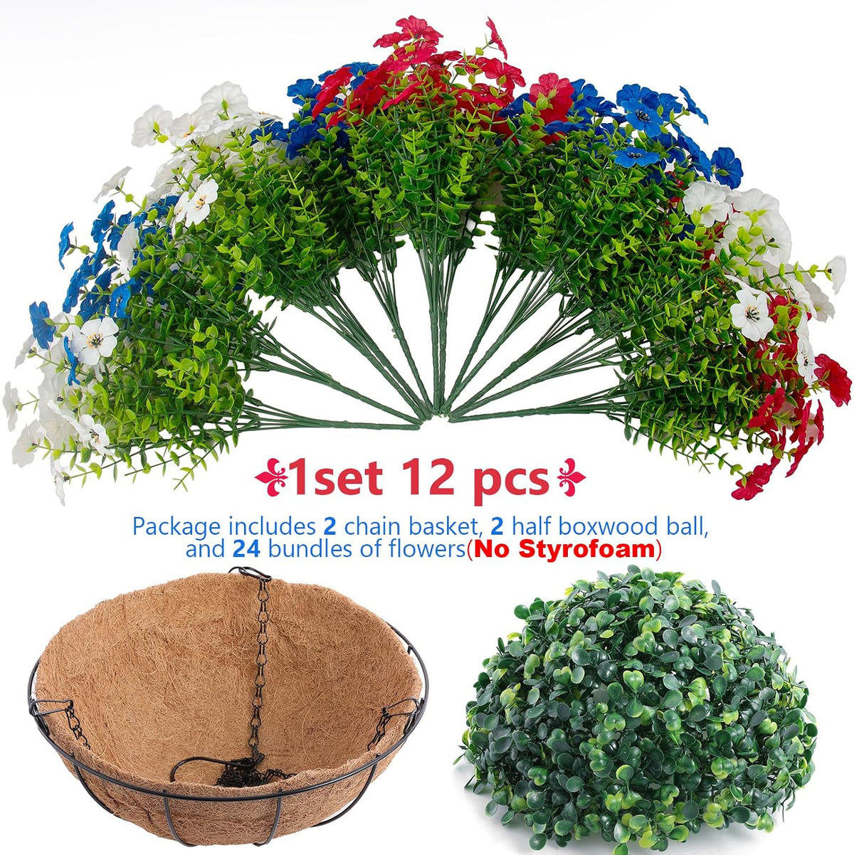 Hananona 2 Set Artificial Outdoor Flowers with Hanging Basket, 2 Hanging Planters with 24 Pcs Patriotic Flowers for Summer Front Porch Patio 4th of July Decor (Red, White, Blue)