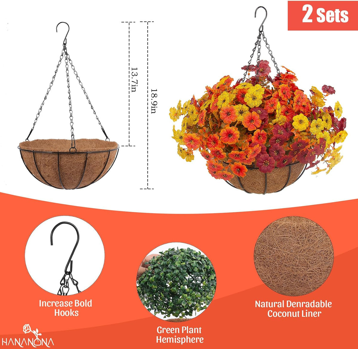 Hananona 2 Set Artificial Outdoor Fall Flowers with Hanging Basket, 2 Packs Hanging Planters with 24 Pcs Faux Fall Mums for Autumn Front Porch Garden Patio Home Decor (2, Orange,Yellow,Burgundy)