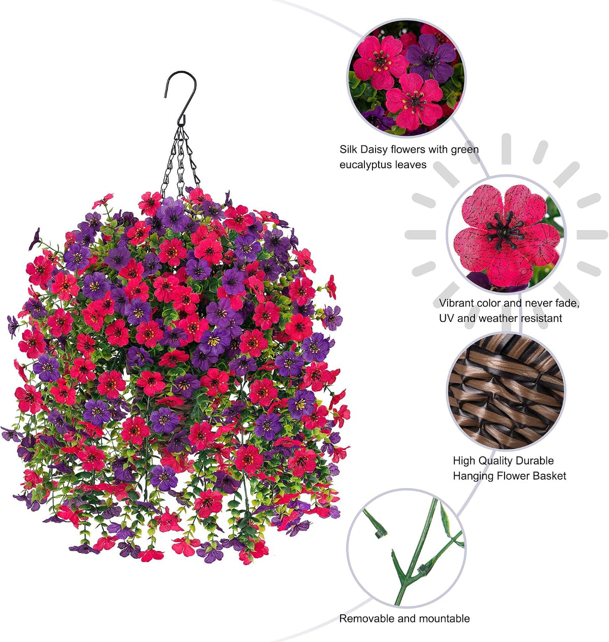 HyeFlora Artificial Hanging Flowers Basket for Outdoor, Fake Flowers Faux Plants Look Real for Yard Gardens Porch Patio Home (Darkpurple+Hotpink)